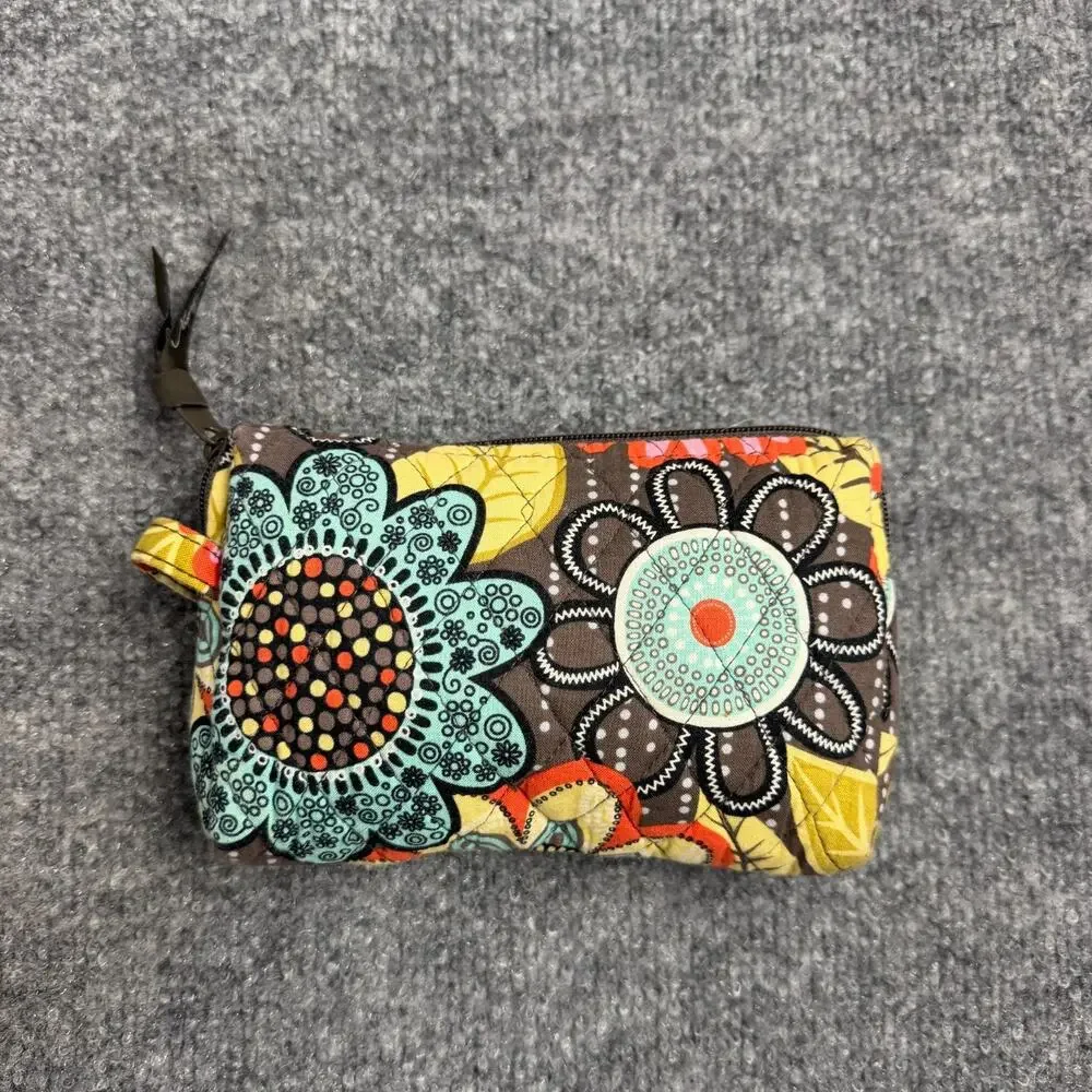 Vera Bradley Quilted Floral Zip Around Wallet Coin Purse Brown Blue Yellow